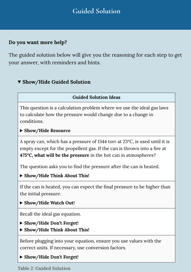 The “Guided Solution” segment of a completed PASS adapted for Pressbooks. The supplementary information is currently “hidden.”