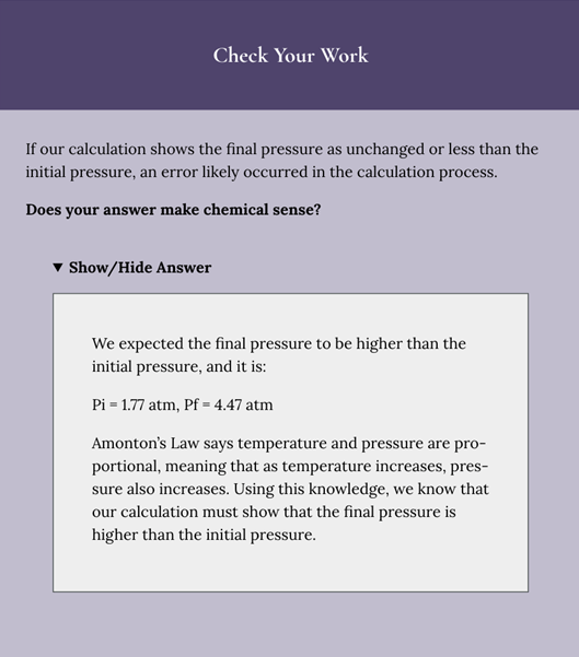 The “Check Your Work” segment of a completed PASS adapted for Pressbooks. The supplementary information is currently “revealed.”