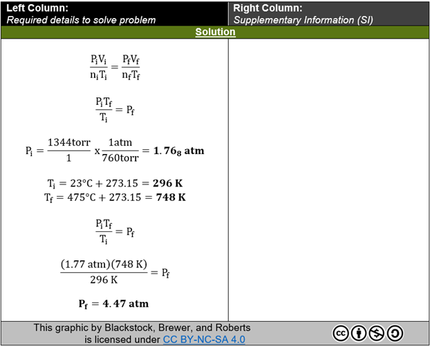 “Solution” excerpt from a completed PASS template example. This component of the PASS template provides the learner with each step required to reach the answer. No context, comments, or considerations are included as supplementary content in this section.