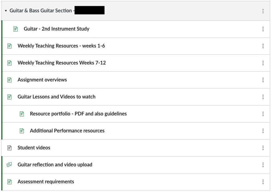 Guitar and bass guitar section content organization in LMS