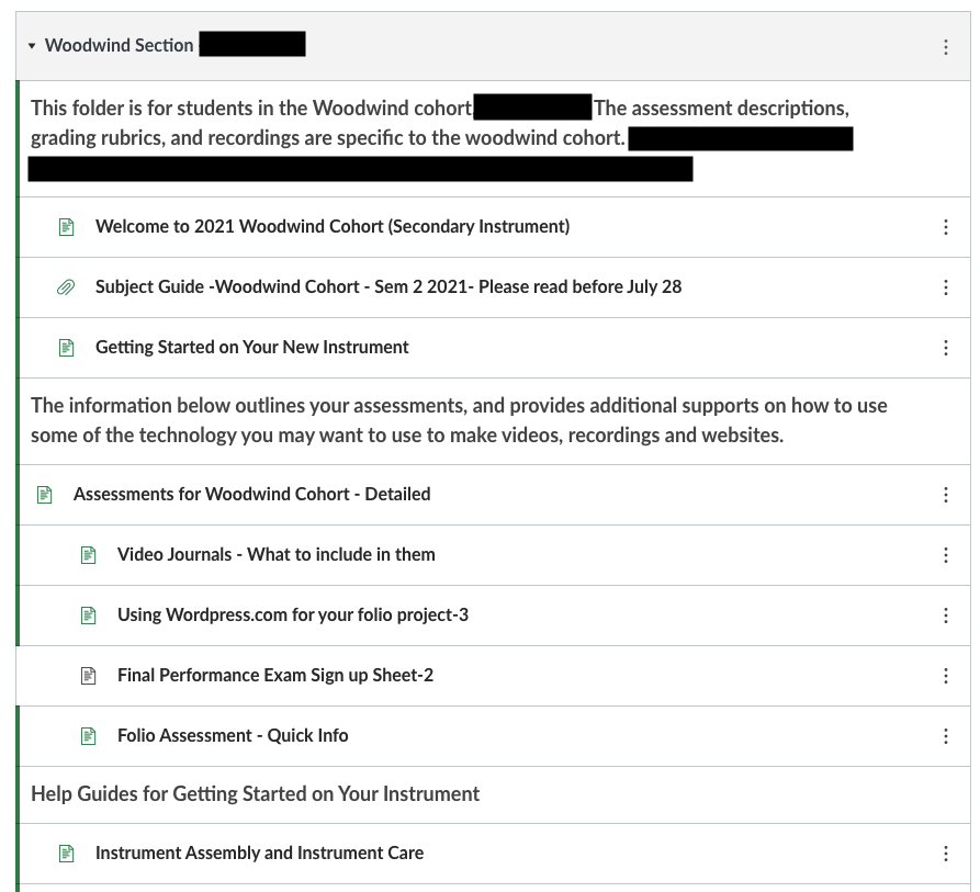 Example of woodwind section content organization in LMS