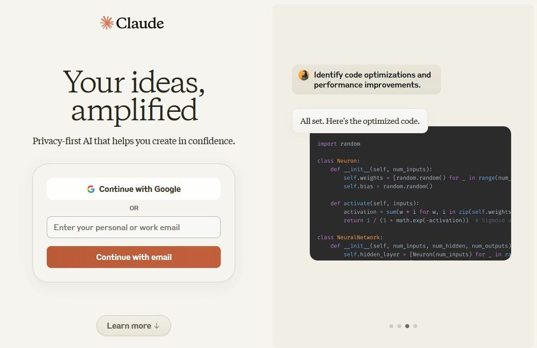 Screenshots of the main free AI tools: (d) Claude